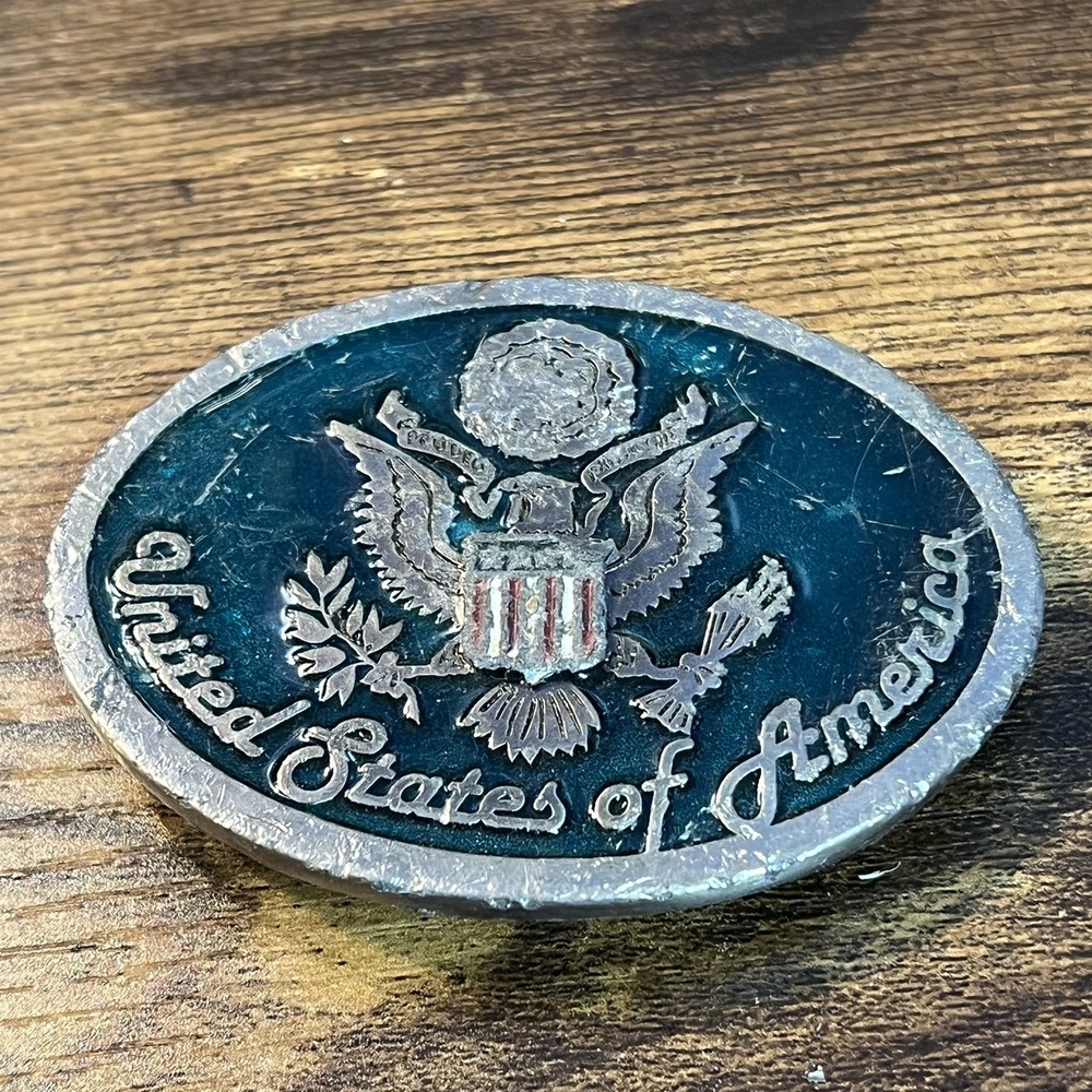 Vintage 1970s Instyle Buckles USA Patriotic Pewter Belt Buckle 2240